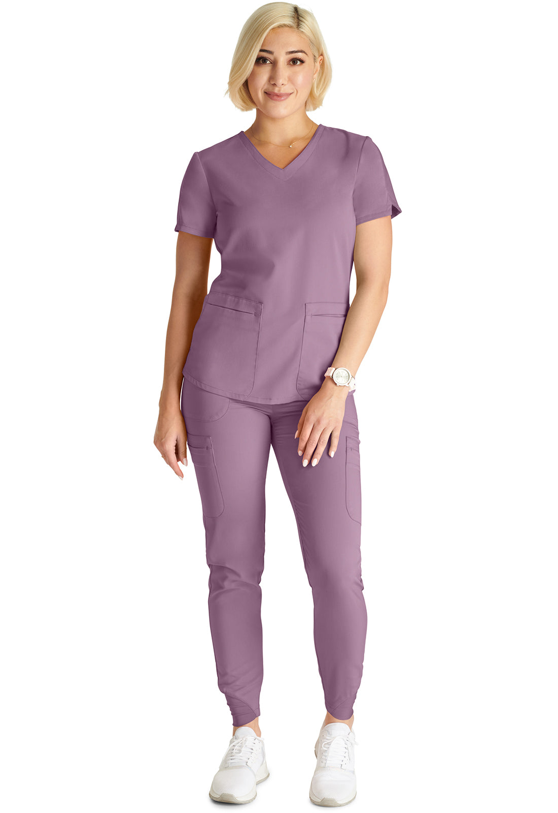 Limited Edition - Cherokee Atmos Women's 2-Pocket STRETCH Coolmax V-Neck Scrub Set in Mauve Haze