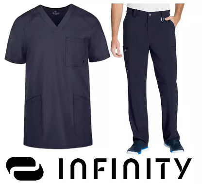 Cherokee Infinity Men's Scrub Set V-Neck 3 Pocket Top & Fly Front Straight Pant in Navy