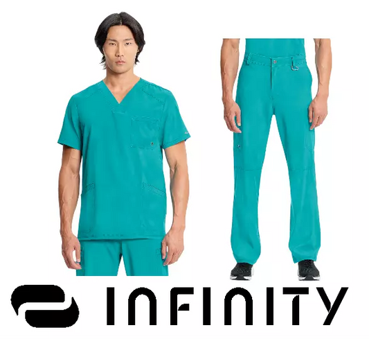 Cherokee Infinity Men's Scrub Set V-Neck 3 Pocket Top & Fly Front Straight Pant in Teal