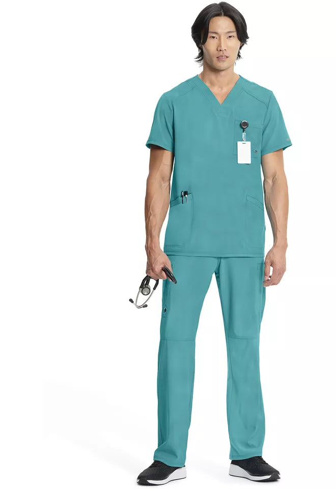 Cherokee Infinity Men's Scrub Set V-Neck 3 Pocket Top & Fly Front Straight Pant in Teal